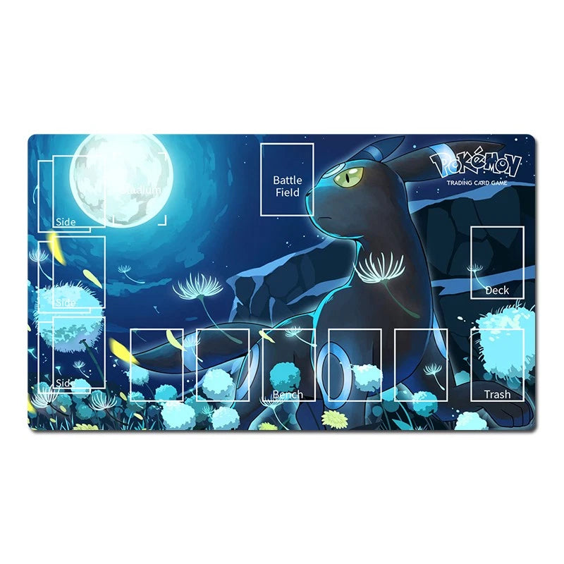 A rectangular Pokémon trading card playmat featuring a dark blue night scene with a large moon, glowing flowers, and the character Togepi. White game-layout labels and card positions are printed on the mat, which is shown against a plain white background.