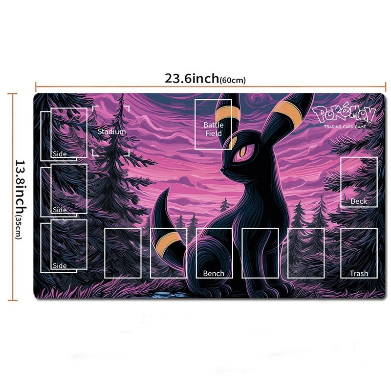 A rectangular Pokémon playmat with a purple and pink forest scene featuring a black character with gold accents, overlaid with white labeled boxes for game areas and dimensions showing 23.6 inches by 13.