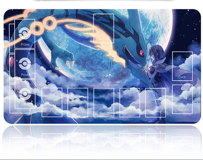 Card game mat with anime-style design featuring a character and futuristic elements, accompanied by a pen.