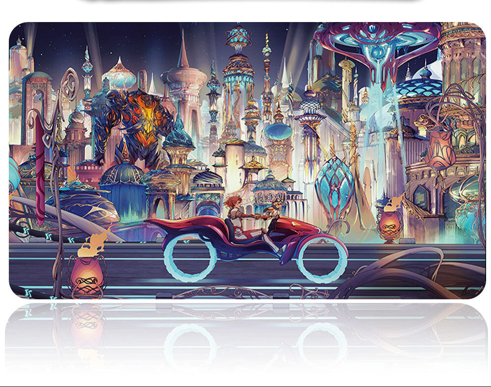 Futuristic cityscape with advanced architecture and a car on a reflective surface