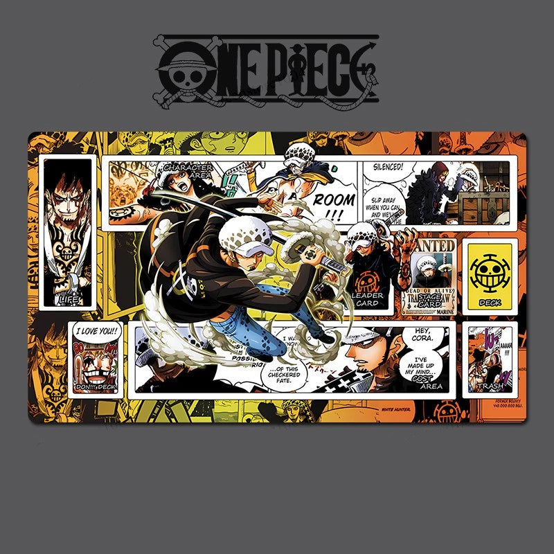 Collage of One Piece character images with text and graphics on a dark background