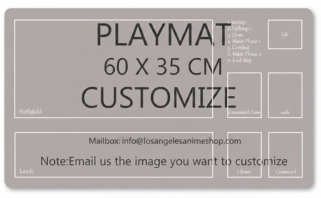 Gray playmat template with customizable text and design elements on a white background
