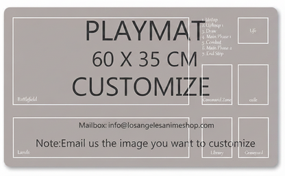 Gray playmat template with customizable text and design elements on a white background