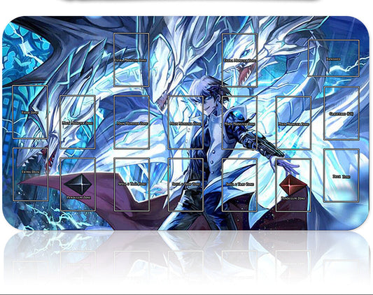 Anime character with ice-themed design on a mouse pad with a pen above it.