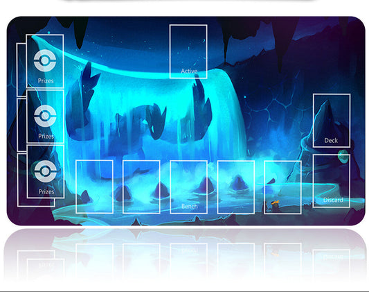 Pokémon trading card game mat with digital interface design on a white background