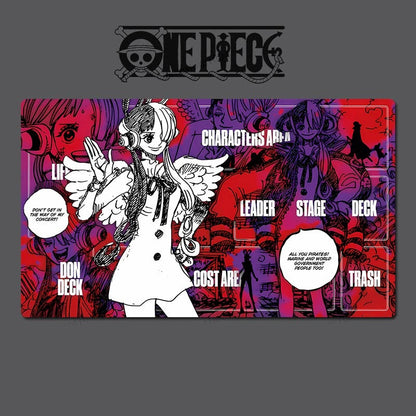 Card game mat with anime character design and 'One Piece' branding