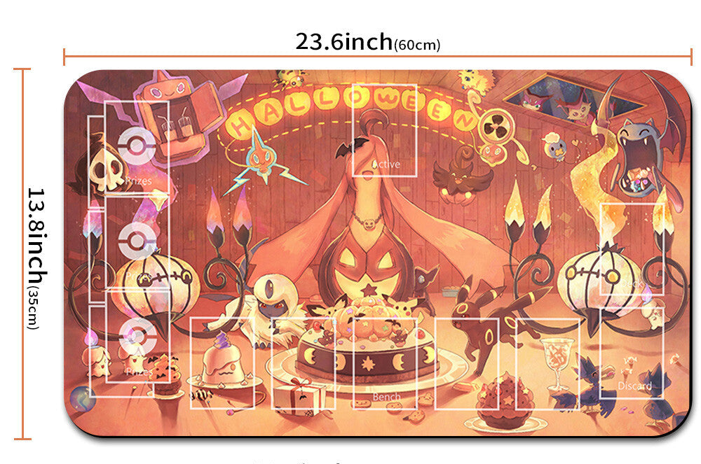 Decorative mat with Halloween-themed design and measurements, including a drawstring bag.