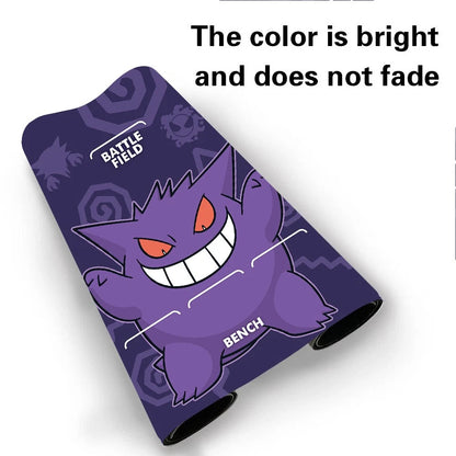A Battle Field bench mat featuring a cartoon Gengar design on a dark purple background, with text overlay stating 'The color is bright and does not fade'.