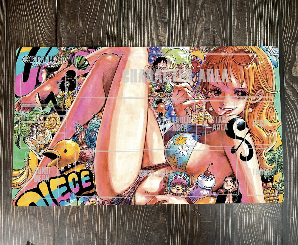 Colorful anime-style illustration of a character with various elements and text on a wooden surface.