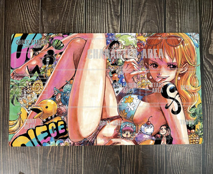 Colorful anime-style illustration of a character with various elements and text on a wooden surface.