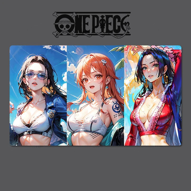 Three animated characters from 'One Piece' on a promotional poster.