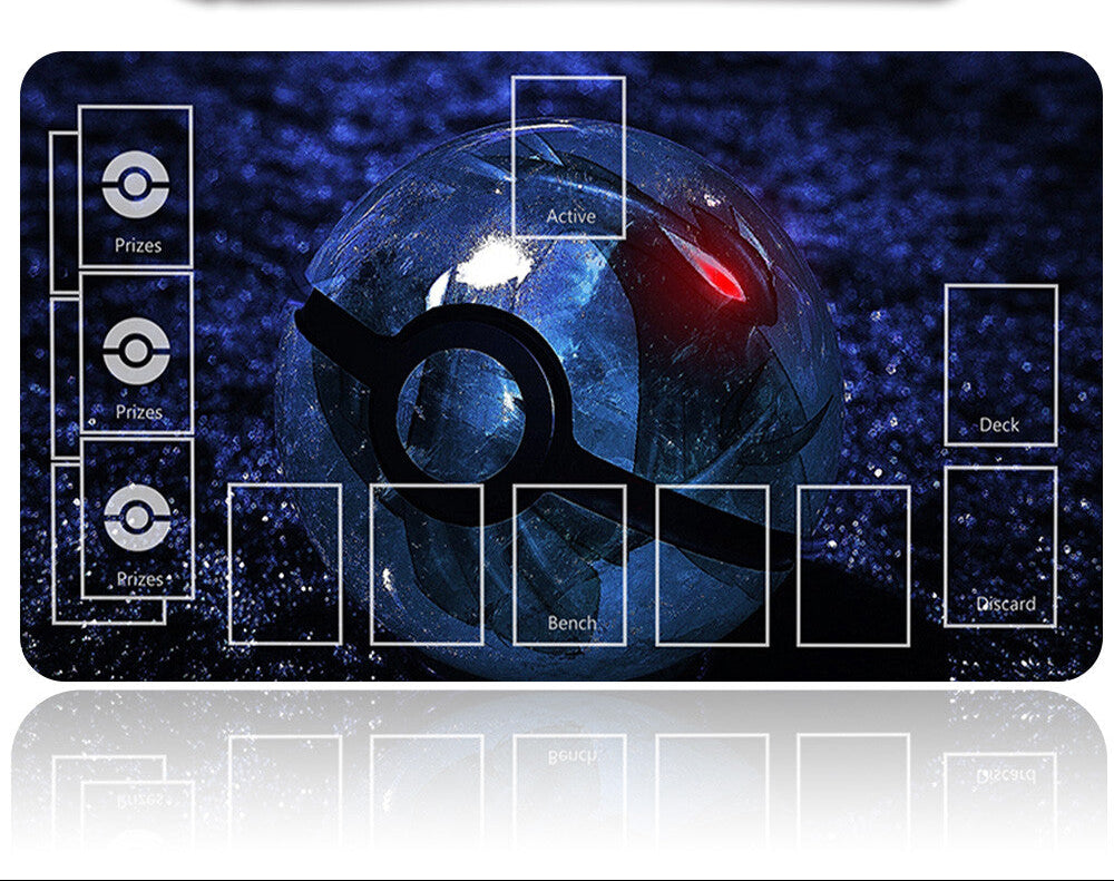 Pokémon trading card game mat with Pokémon logo and card slots on a dark blue background.