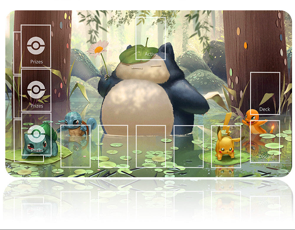 Pokémon-themed trading card game mat with illustrations of Pokémon characters in a natural setting.
