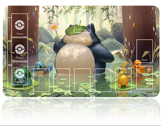 Pokémon-themed trading card game mat with illustrations of Pokémon characters in a natural setting.