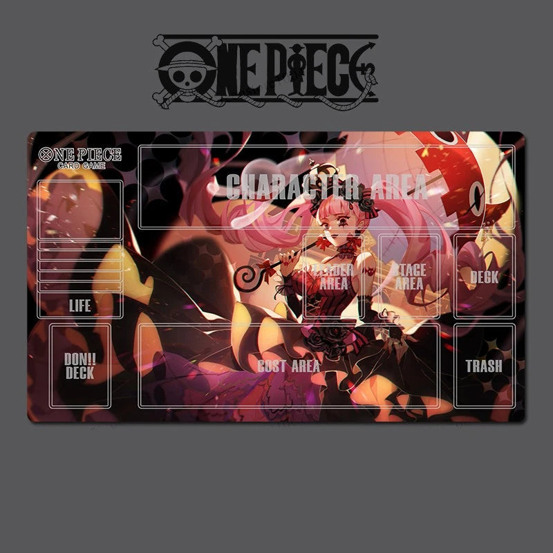 A One Piece themed gaming playmat featuring the character Charlotte Linlin, with labeled sections for Life, Donii Deck, Character Area, Stage Area, Deck, and Trash, shown on a dark gray background with the One Piece logo above.