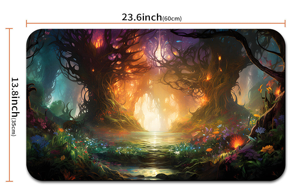 Fantasy forest design mouse pad with dimensions and a carrying strap.