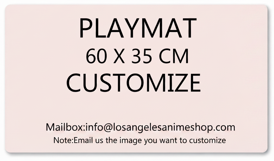 Playmat customization card with dimensions 60 x 35 cm and contact information on a light pink background.