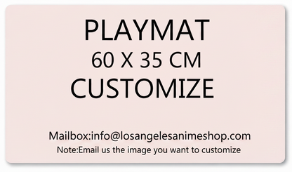 Playmat customization card with dimensions 60 x 35 cm and contact information on a light pink background.