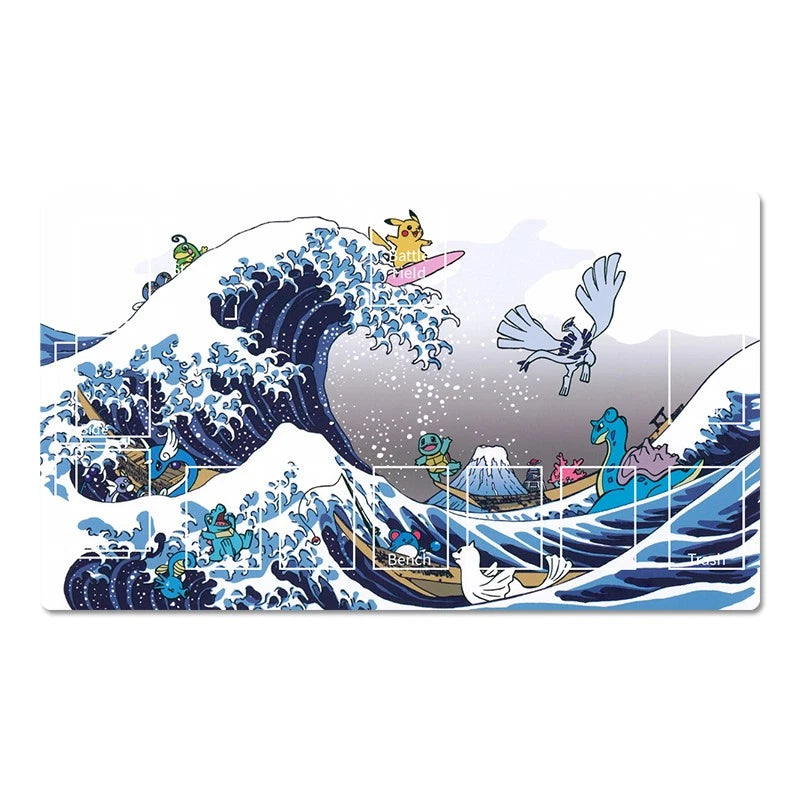 A rectangular printed mat or plaque featuring a parody artwork of 'The Great Wave off Kanagawa' with Pokémon characters, including Pikachu surfing on a wave and other characters in boats, shown against a plain white background.