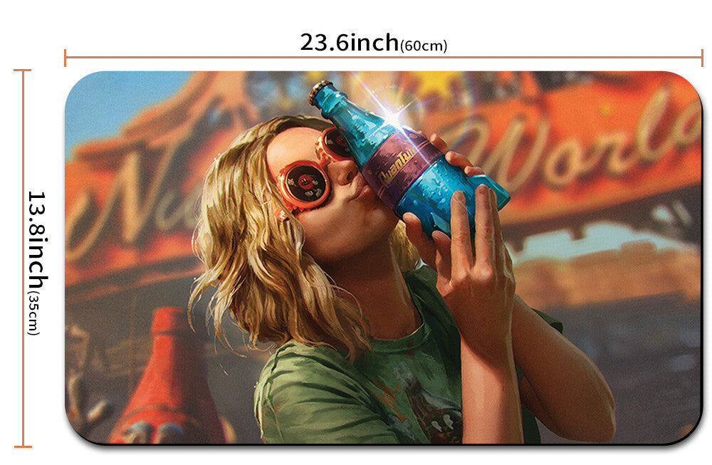 Product dimensions with a person holding a bottle against a colorful background