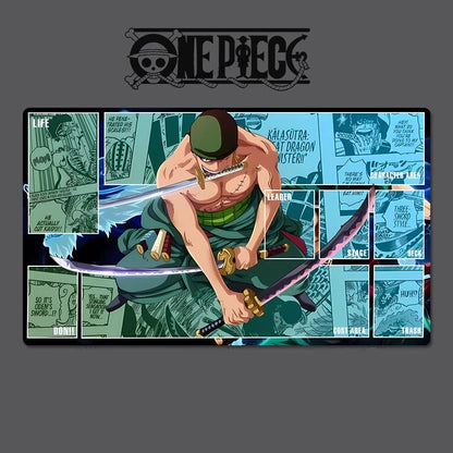 One Piece character holding a sword with comic book panels in the background