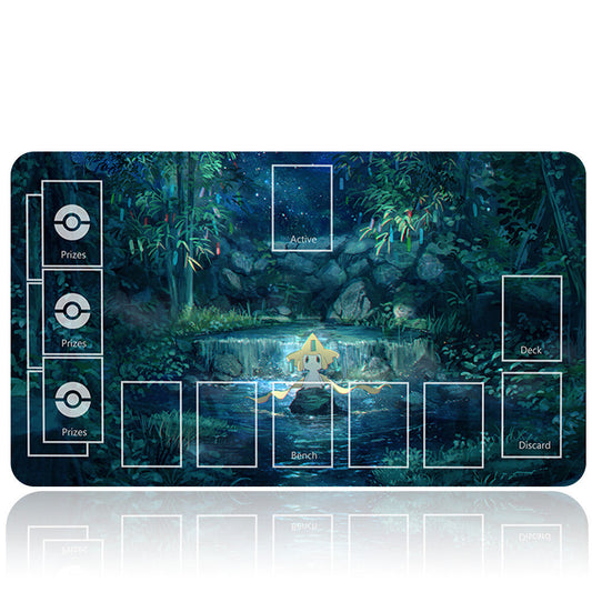 Pokémon trading card game playmat with a forest design and Pokémon character.