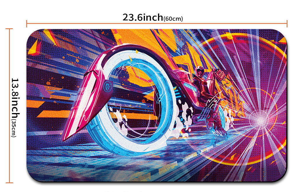 Colorful futuristic design mouse pad with measurements and a carrying strap.