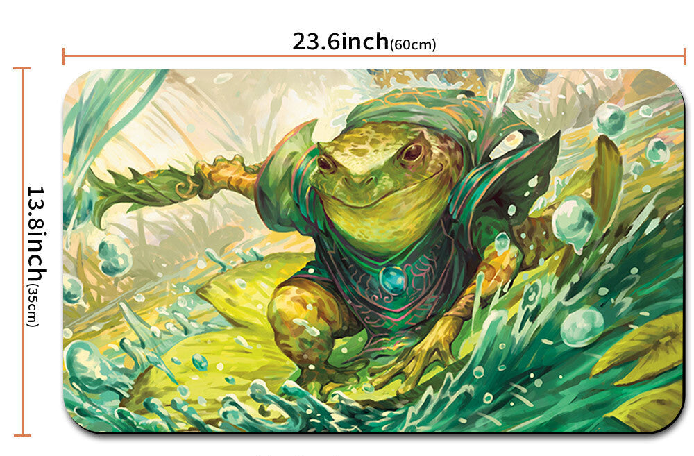 Illustrated frog character on a decorative mat with measurements and a carrying strap.
