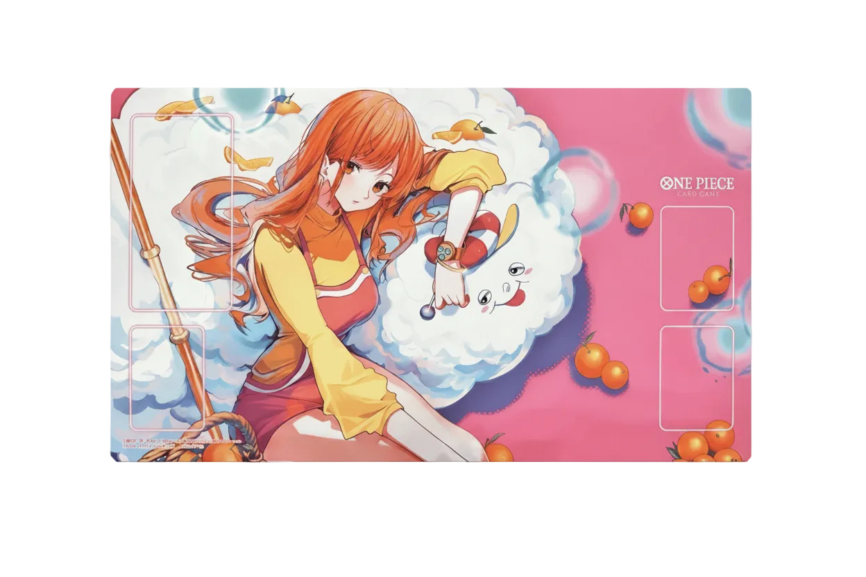 Anime character Nami on a pink background with 'One Piece' branding