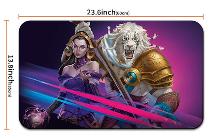 Mouse pad with warrior and lion design, dimensions indicated, and a carrying strap shown.