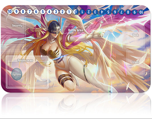 Card game mat with character design and card holder on a white background