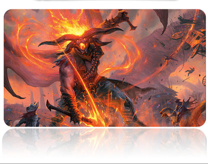 Game mat with fantasy design featuring a creature and characters, accompanied by a pen holder.