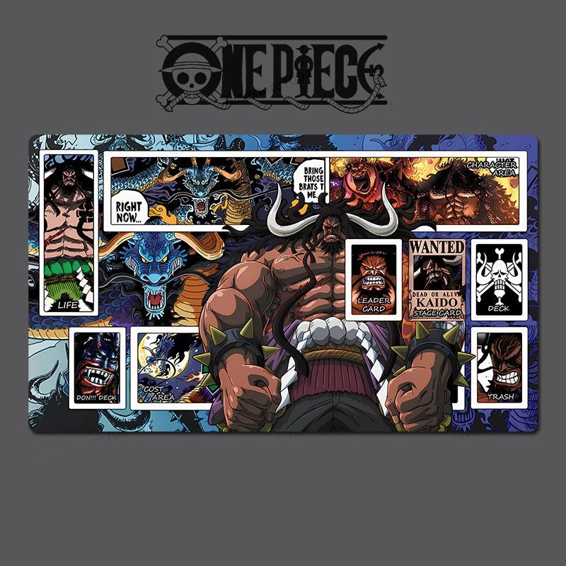 One Piece character with various cards and images on a dark background