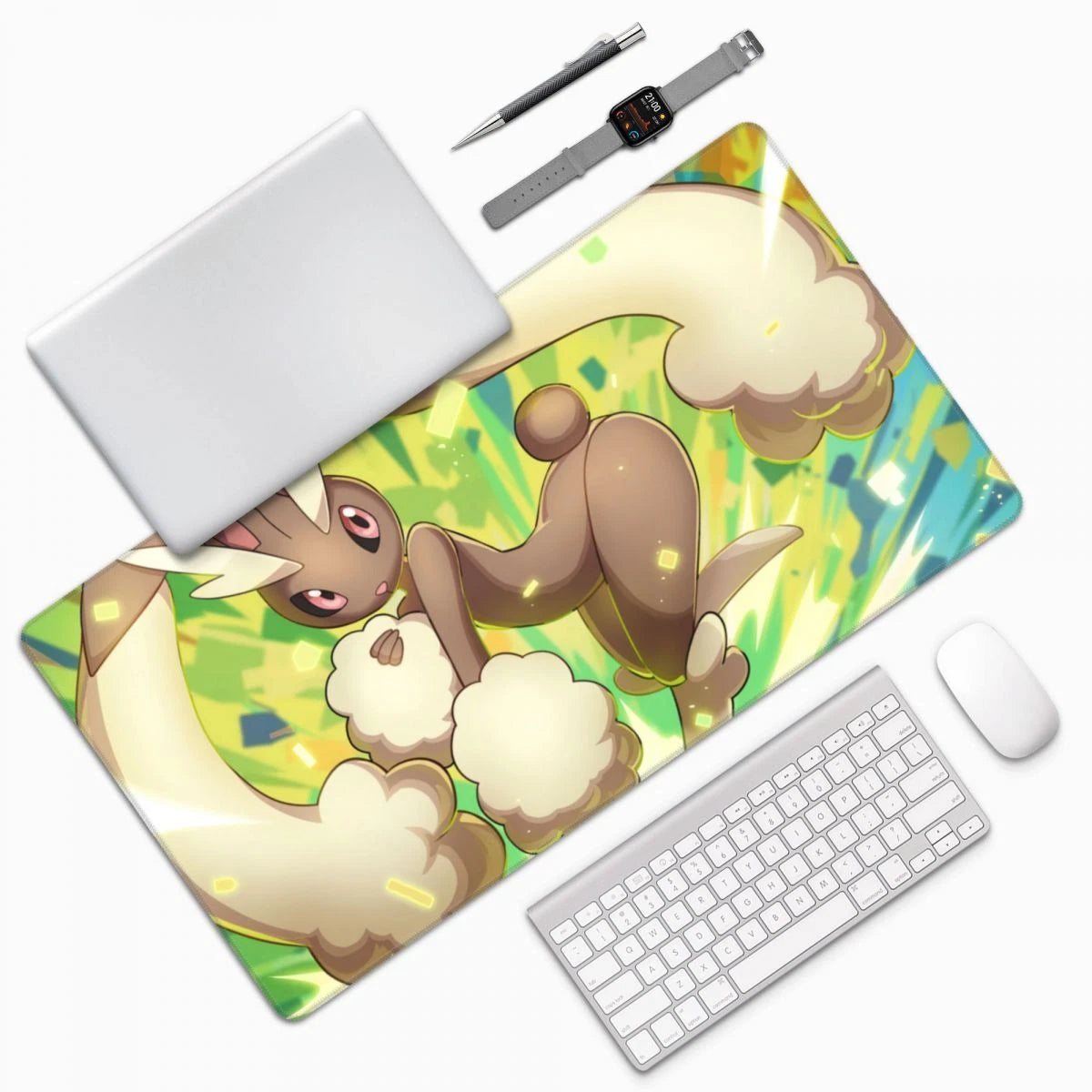 A large desk mat featuring an anime-style illustration of a brown creature with cream-colored horns and fluffy cream clouds, shown on a white background with a laptop, keyboard, mouse, pen, and smartwatch arranged around it.