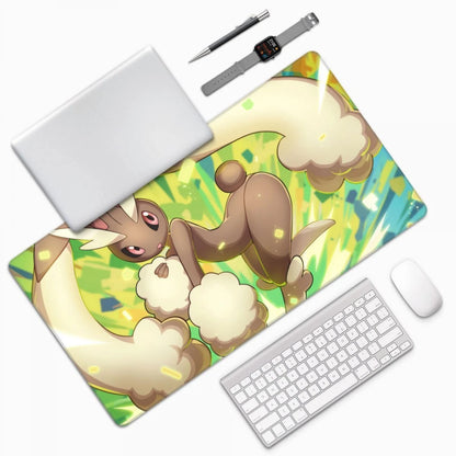 A large desk mat featuring an anime-style illustration of a brown creature with cream-colored horns and fluffy cream clouds, shown on a white background with a laptop, keyboard, mouse, pen, and smartwatch arranged around it.