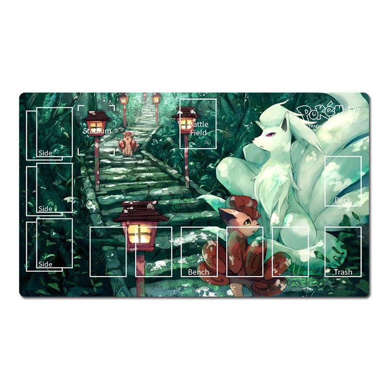 A rectangular gaming playmat featuring an illustrated forest scene with a large white fox, a small brown fox cub, lanterns, and a stone path. The playmat includes labeled zones for Side, Battle Side, Back, Bench, and Trash, and is shown on a plain white background.
