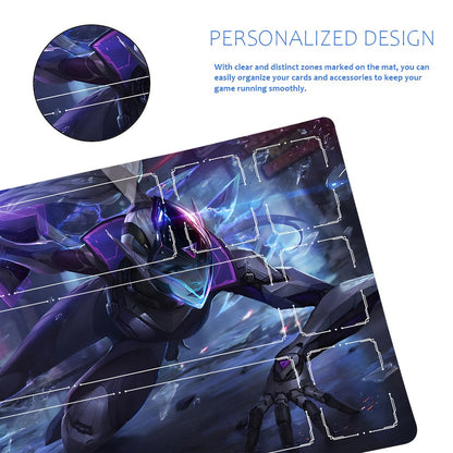 A personalized gaming mouse pad featuring a dynamic sci-fi mecha design in purple, blue, and black. The pad includes printed white guide lines and text overlays explaining the customizable design zones, set against a clean white background.
