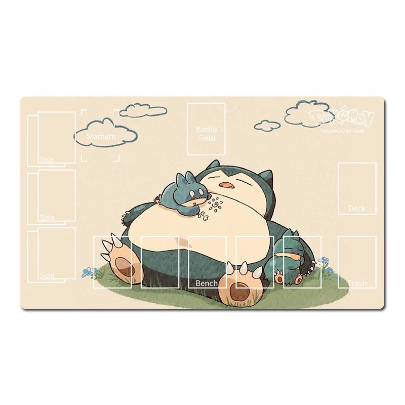 A rectangular desk mat featuring a cute illustration of Snorlax and its small blue dragon, with white text boxes for custom text placement on a light beige background.
