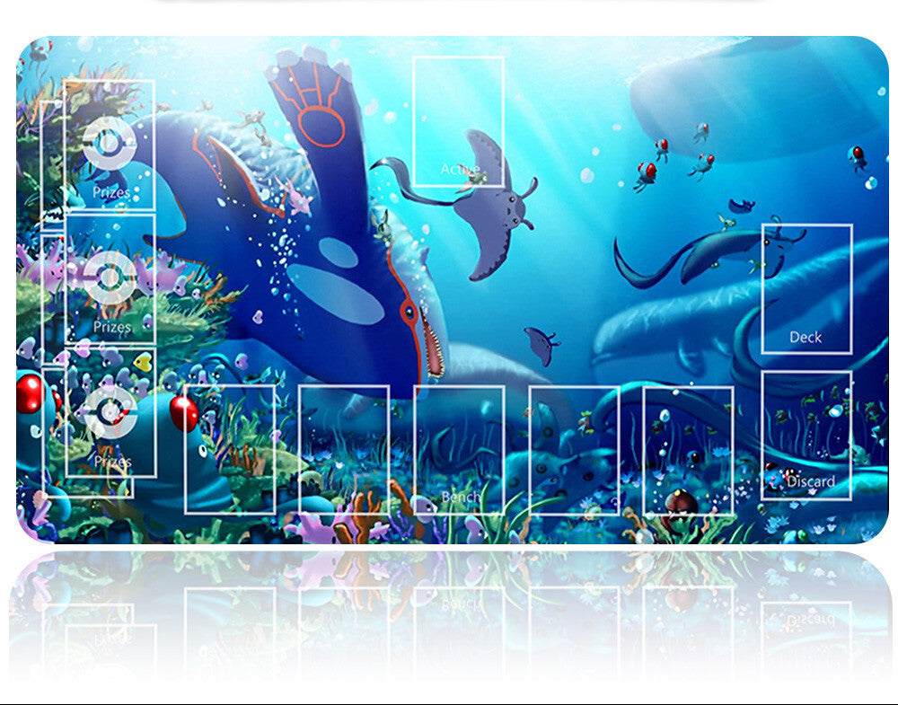 Underwater-themed playmat with ocean creatures and a metal handle on a white background