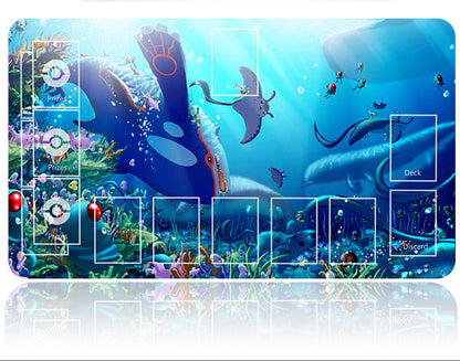 Underwater-themed playmat with ocean creatures and a metal handle on a white background