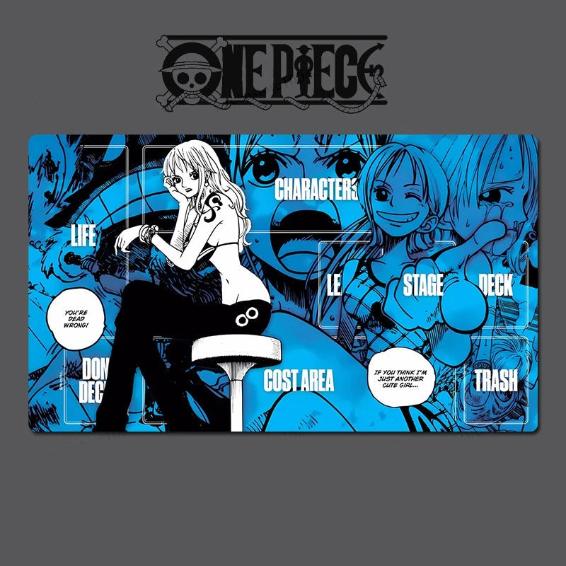 Playmat with anime characters and 'One Piece' branding on a gray background