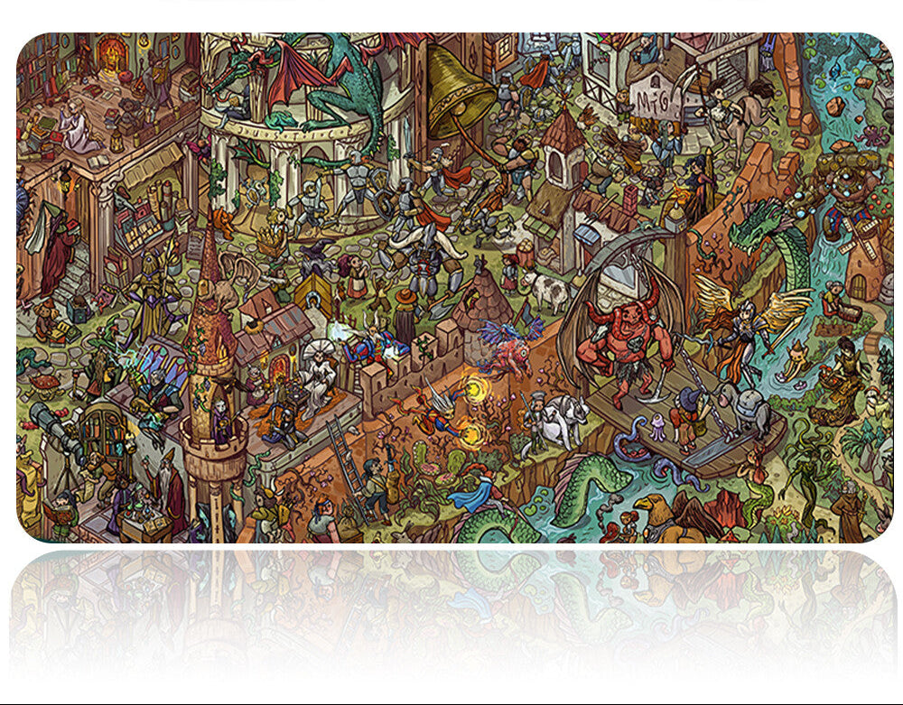Colorful detailed artwork of a bustling marketplace with a metal tool on a white background