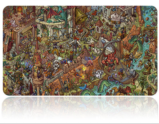 Colorful detailed artwork of a bustling marketplace with a metal tool on a white background