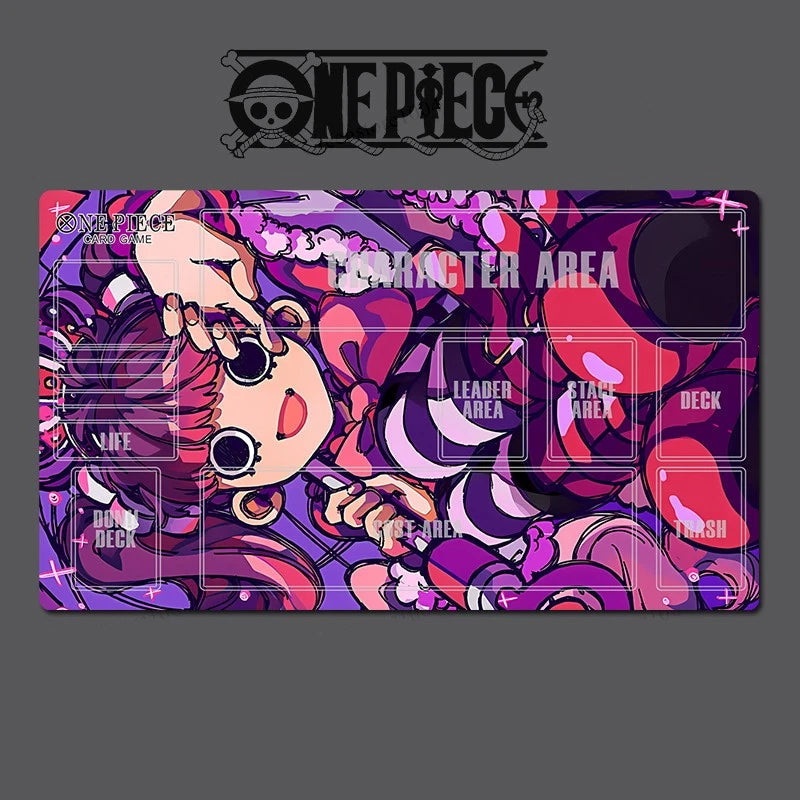 A rectangular gaming playmat featuring a colorful anime-style character illustration from One Piece, with labeled sections for life, leader area, star area, deck, trash, and character area, shown on a dark gray background with the One Piece logo above.