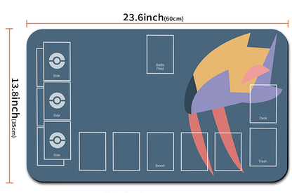Pokémon-themed playmat with measurements and a strap on a white background