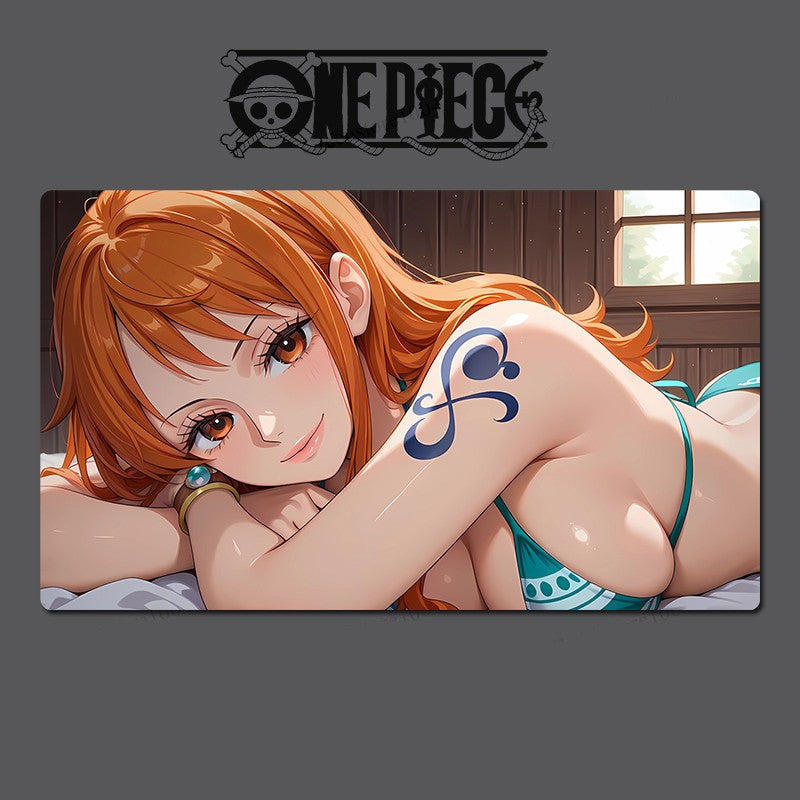 Anime character with red hair and a tattoo, lying down, with 'One Piece' logo above.