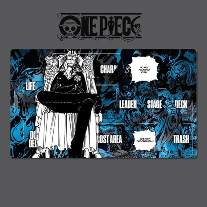 Card game mat with One Piece character design on a dark background
