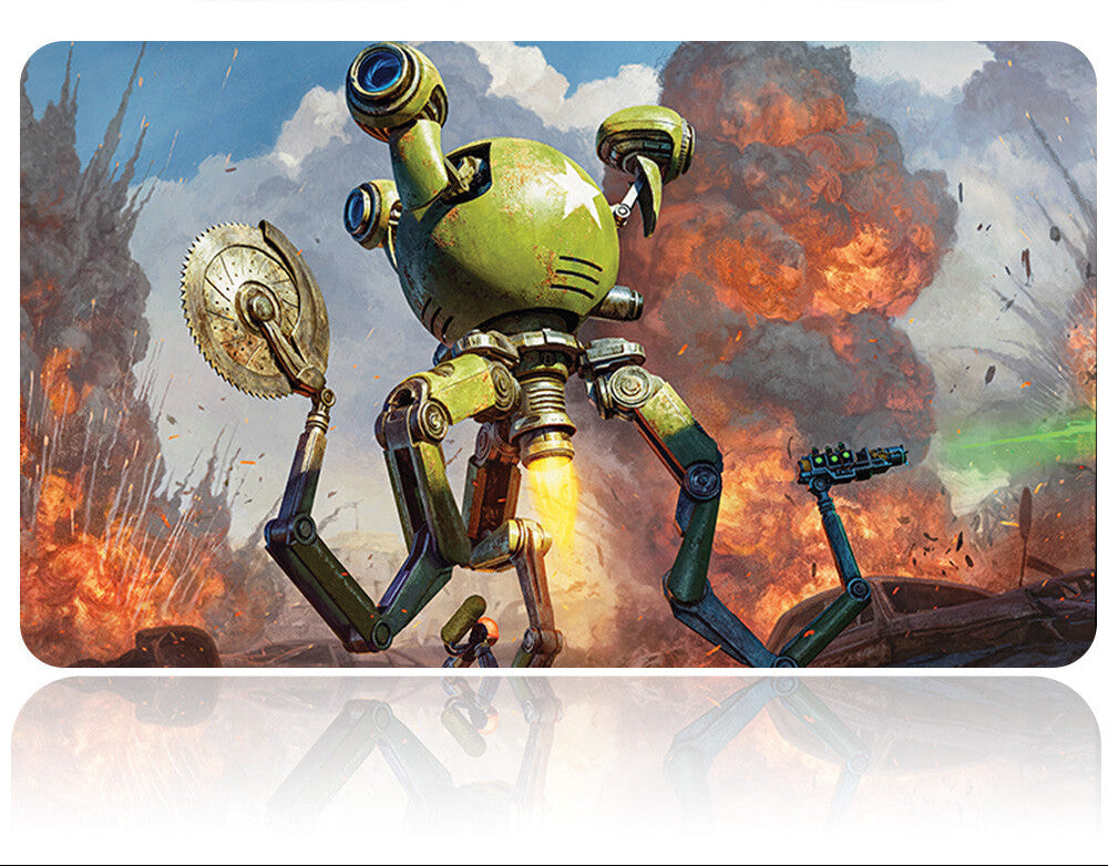 Mechanical robot with a fiery background
