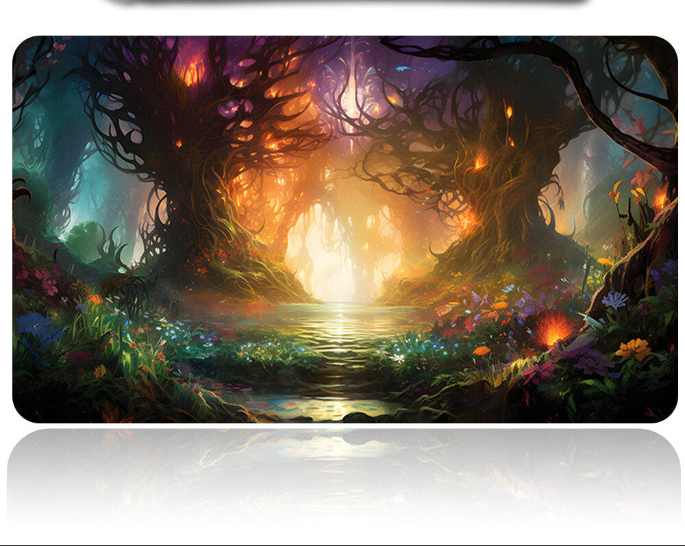Fantasy forest scene with a glowing light at the center, featuring a product on top.