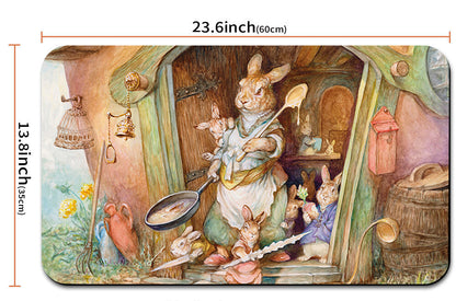 Illustration of a rabbit character with tools in a workshop, with dimensions displayed.